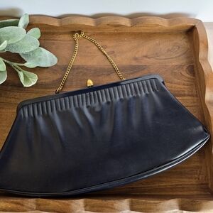 Vintage MCM 1950's Navy Markay Leather Purse W/ Gold Chain & Kisslock